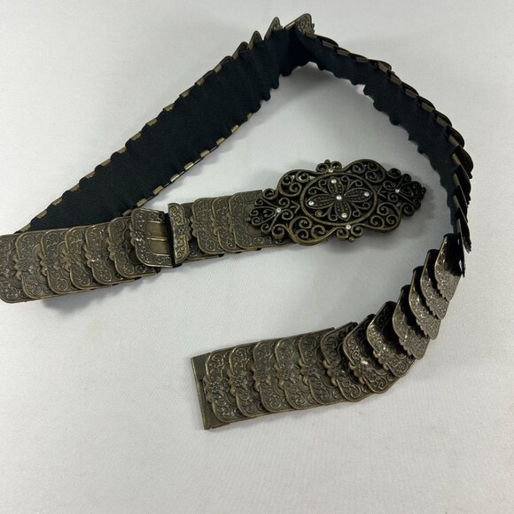 Vtg Steampunk Metal Brass Tone Elastic Belt Ornate Buckle Rhinestones Y2K - Picture 2 of 9
